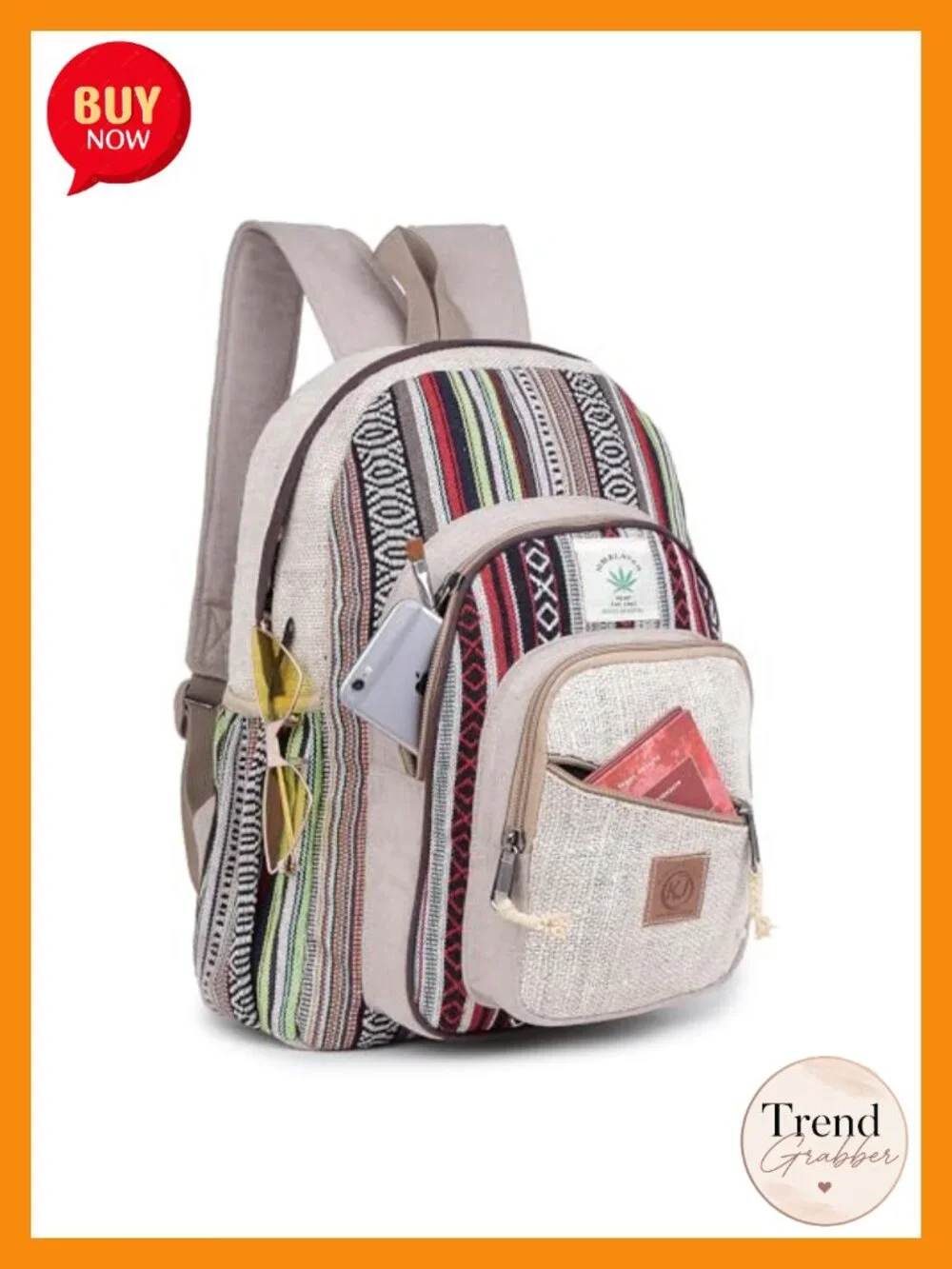 Handmade Hemp Backpack, Boho Daypack, Large Multi Pocket, Adjustable Straps